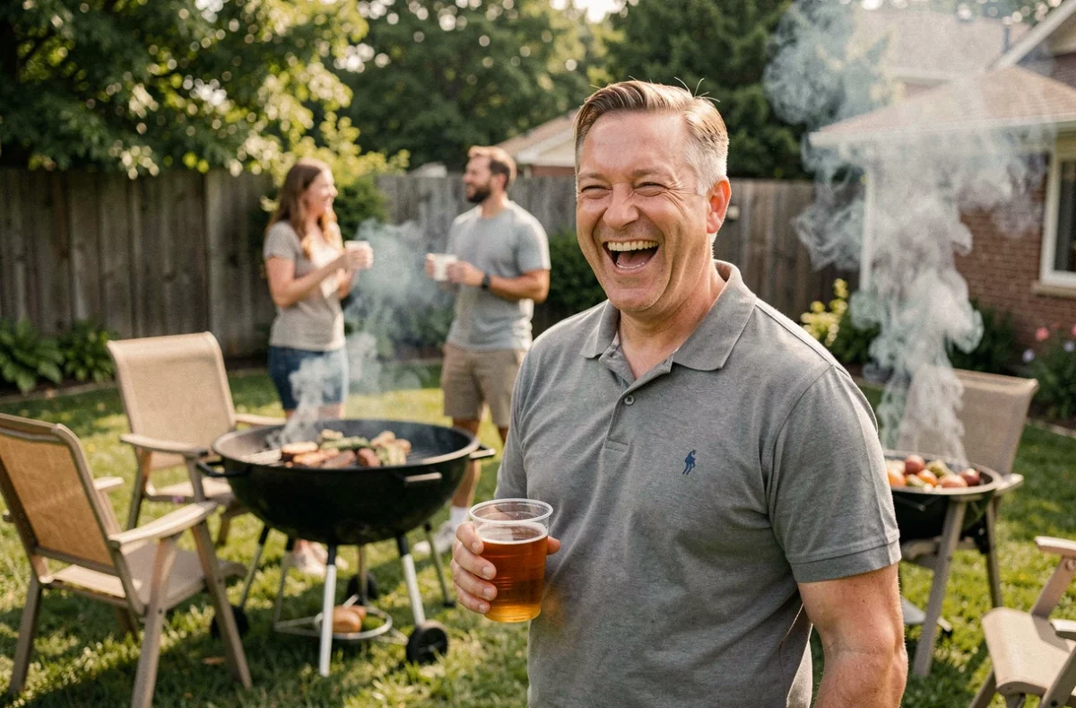 Homme souriant en polo tenant une bière lors d'un barbecue entre amis, incarnant l'humour populaire assumé