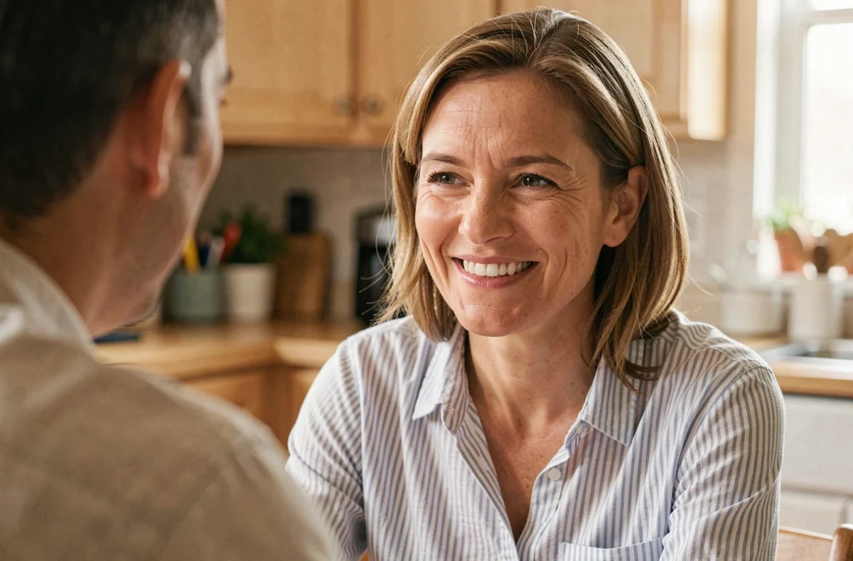 Femme souriant avec humour désamorçant pour désamorcer une tension relationnelle sans agressivité