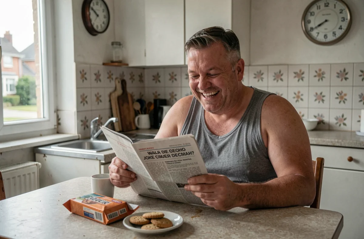 Homme attablé dans une cuisine populaire souriant en lisant un journal humoristique, scène du quotidien français décalé