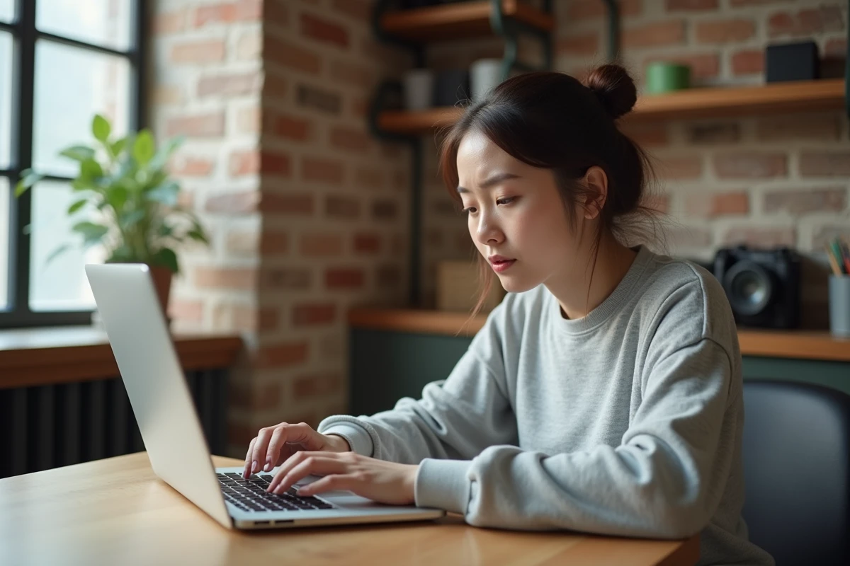 Jeune femme inquiète lisant du contenu humoristique sur les réseaux sociaux depuis son ordinateur portable dans un bureau à domicile moderne