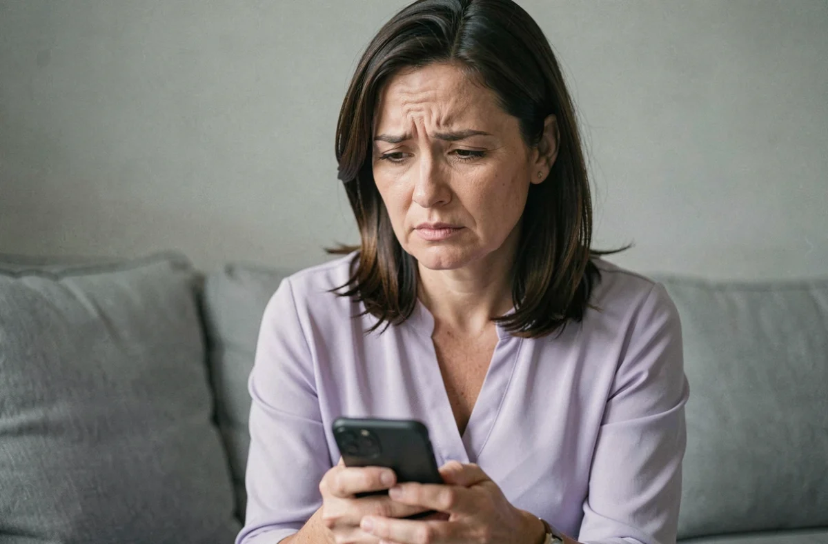 Femme reconnaissant un sentiment de culpabilité diffuse après une interaction, expression perplexe et introspective