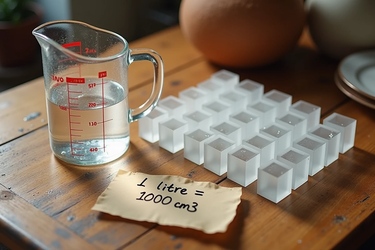 Vue aérienne d'un pichet d'un litre et d'un millier de petits cubes illustrant la conversion 1 litre égal 1000 centimètres cubes