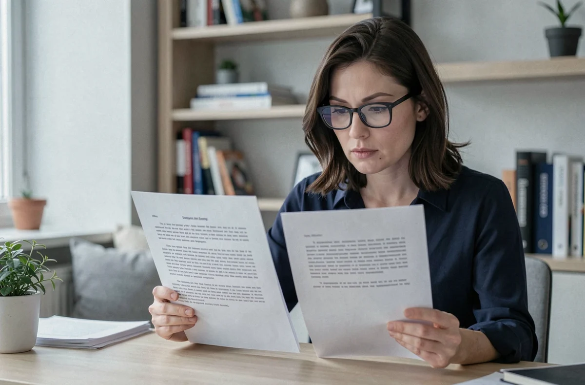 Femme comparant des écrits pour détecter des incohérences entre les paroles et les actes d'un manipulateur