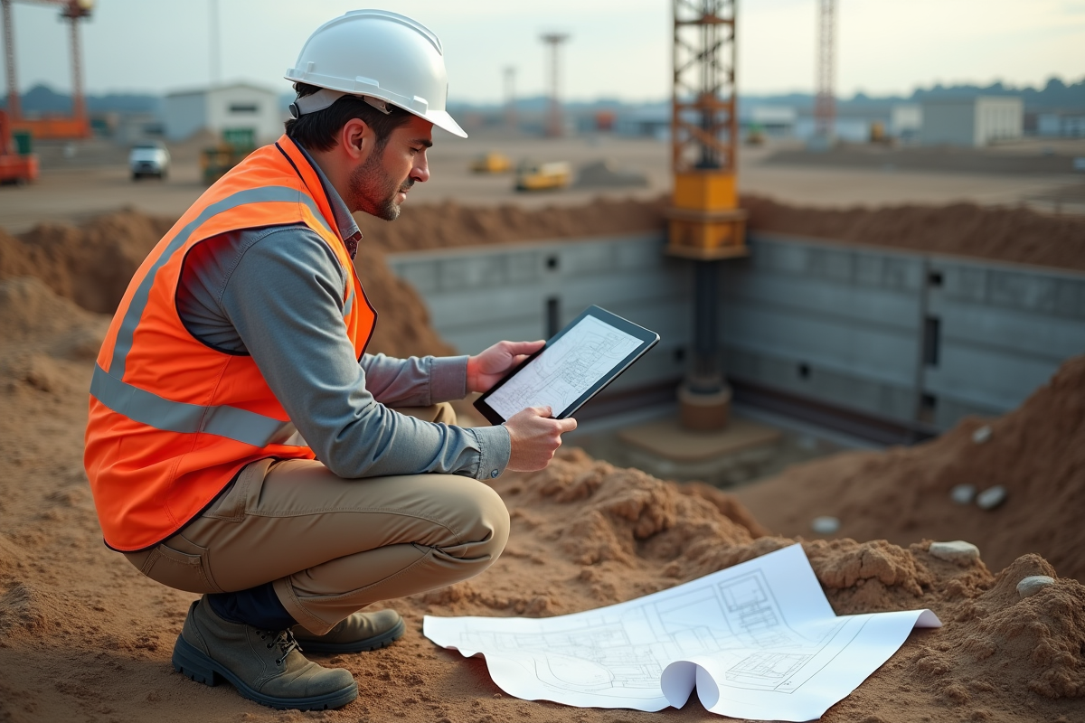 Ingénieur de chantier avec casque blanc et tablette numérique