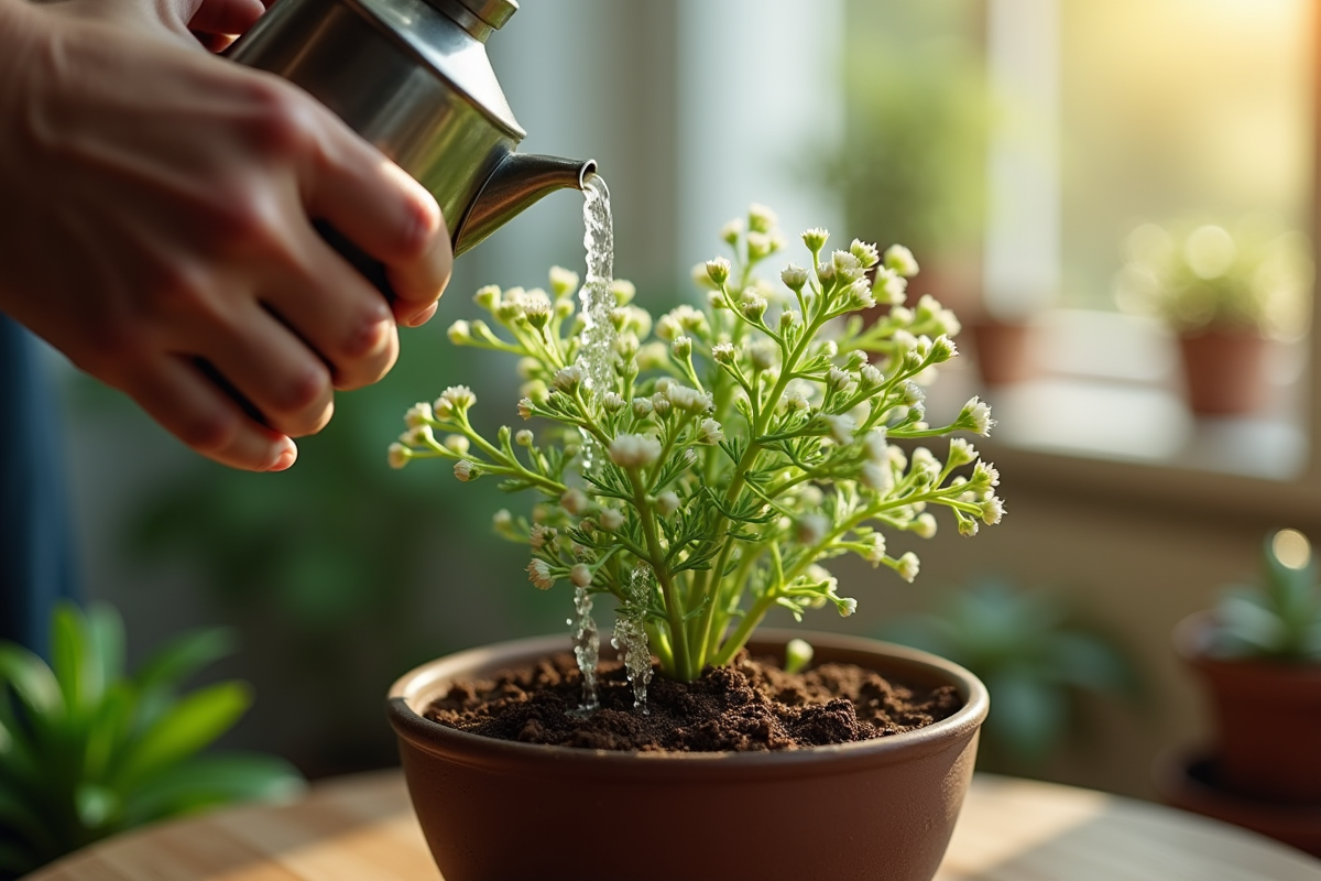 Jardinier arrosant une plante jade en fleurs dans la lumière du matin