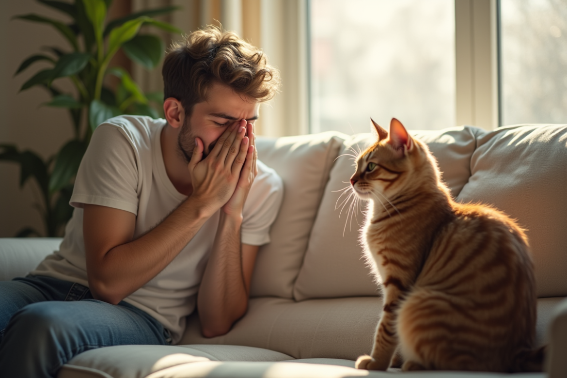 Jeune adulte reniflant avec chat sur le canapé ensoleille