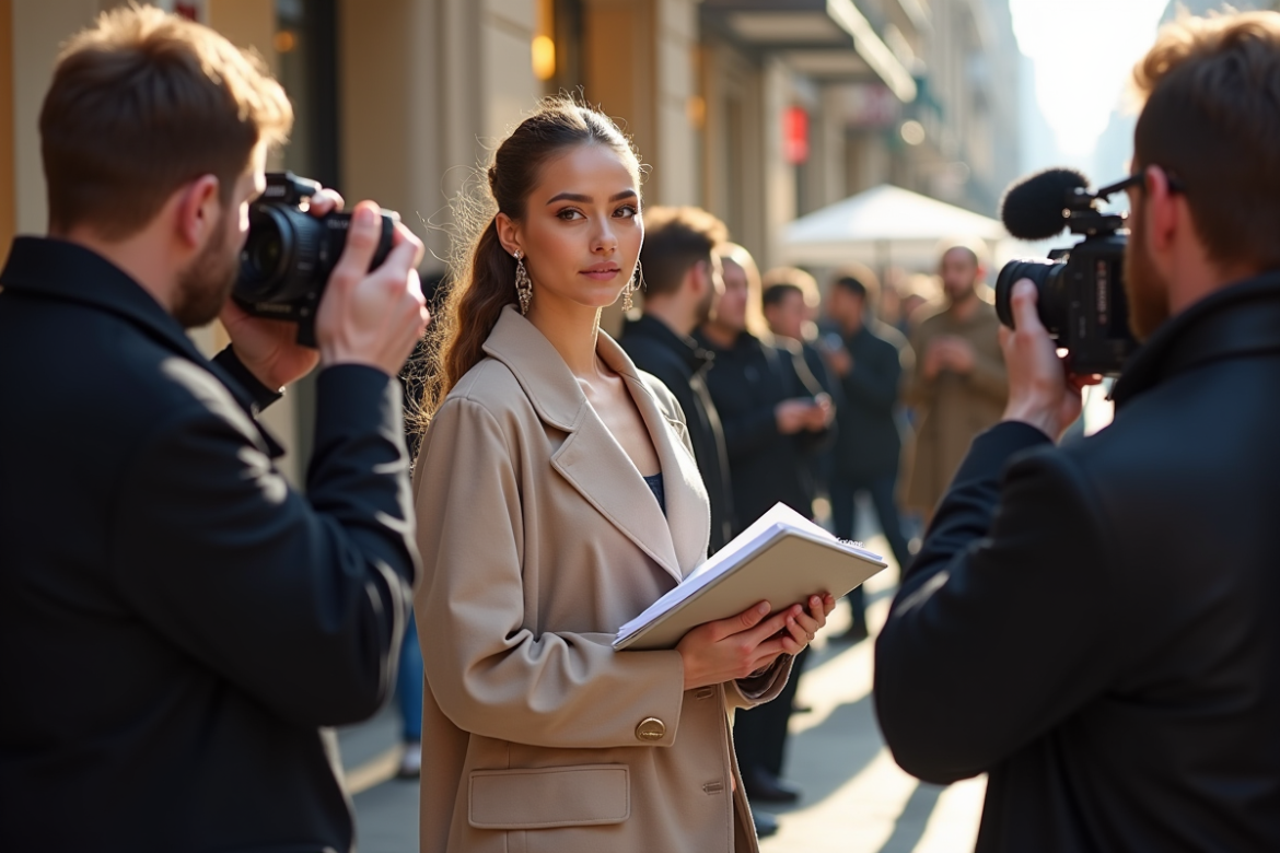 Jeune designer mode photographié devant un événement glamour