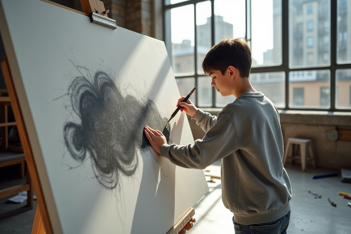 Adolescent dessinant à la craie dans un loft urbain