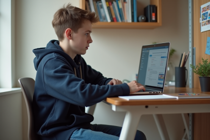 Jeune garçon étudiant concentré sur son ordinateur dans sa chambre