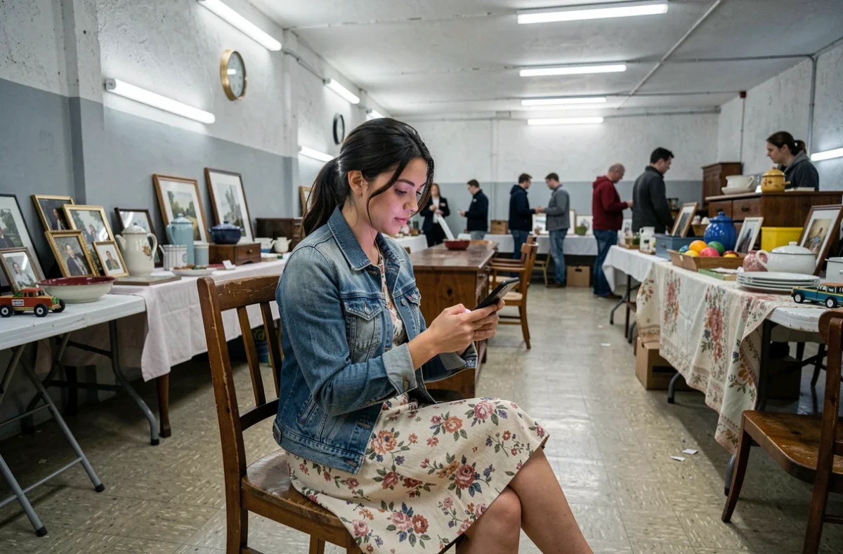 Jeune femme consultant une application mobile de chine lors d'un vide-grenier en salle communale dans le Nord 59