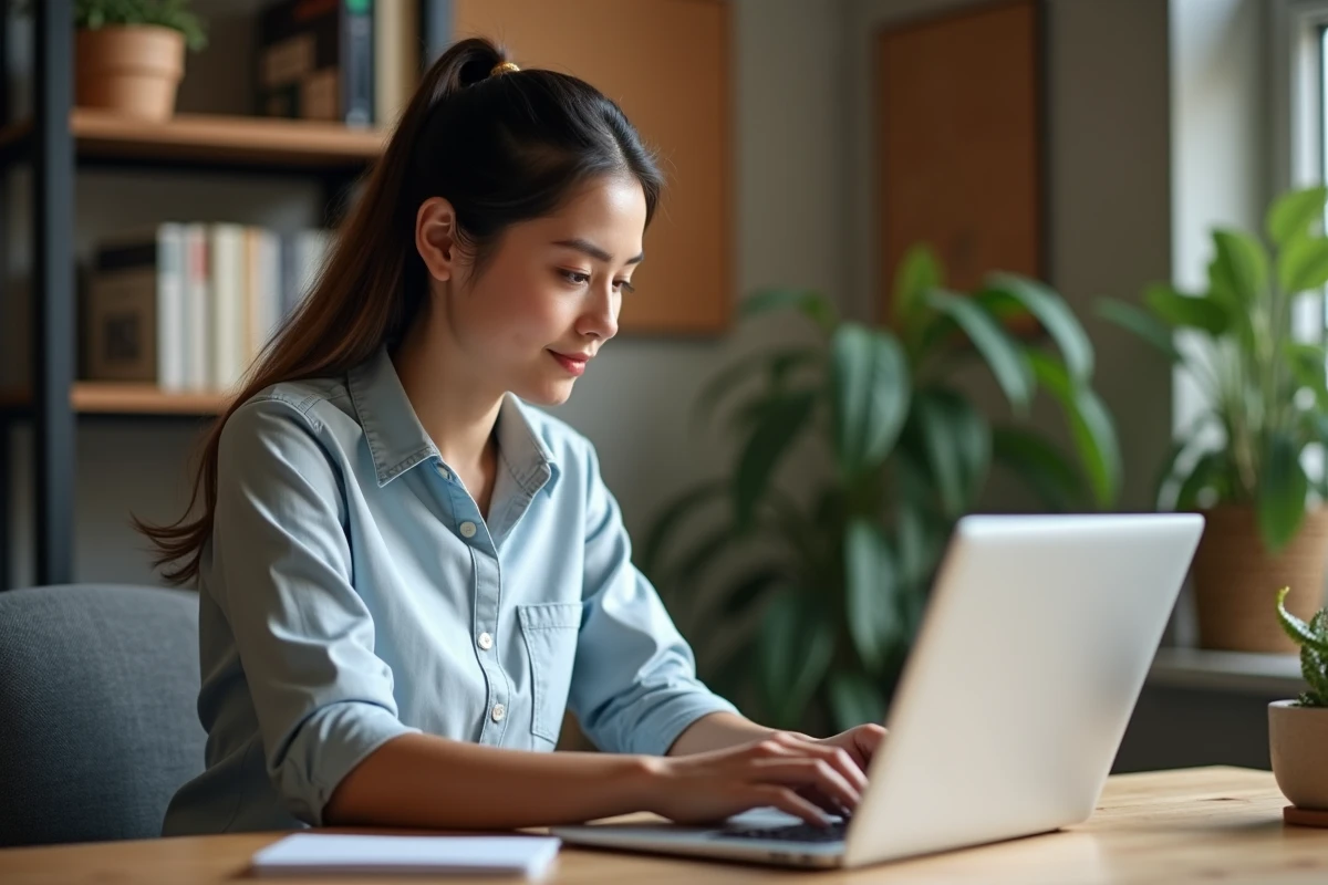 Jeune femme travaillant sur un ordinateur dans un bureau cosy