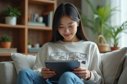 Jeune femme coreenne lisant manhwa sur tablette cozy
