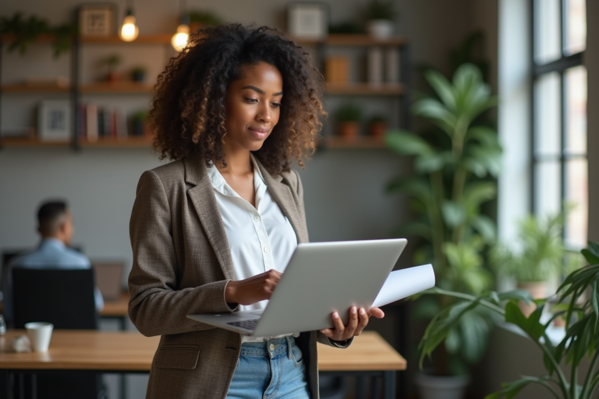 Jeune femme confiante en coworking pour article sur entrepreneuriat