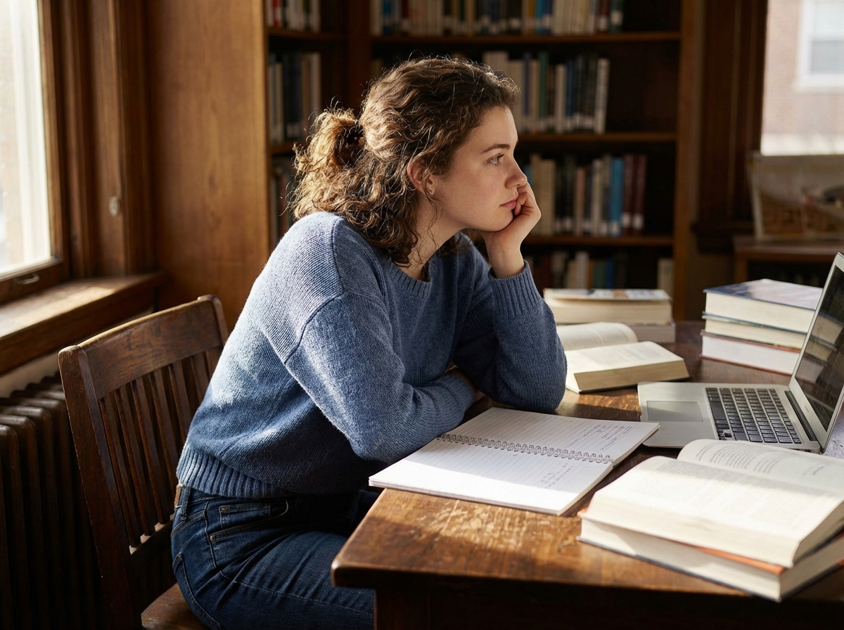 Jeune femme pensif assise à son bureau dans une pièce d'étude