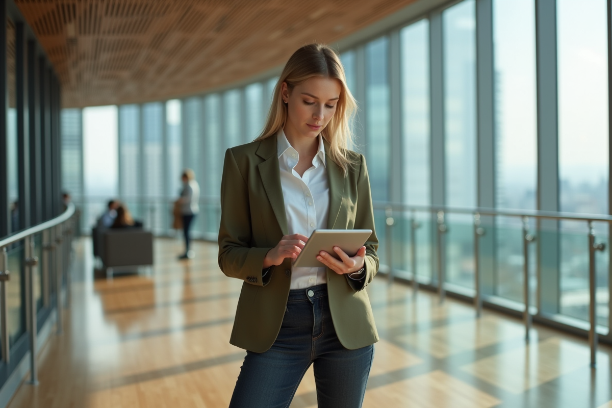 Jeune femme gestionnaire vérifiant documents dans un bureau lumineux