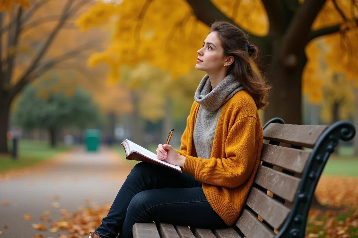 Jeune femme cherchant l'inspiration pour écrire un poème en rime assise sur un banc dans un parc aux couleurs automnales