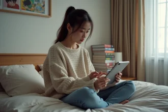 Jeune femme lisant manga sur tablette dans sa chambre