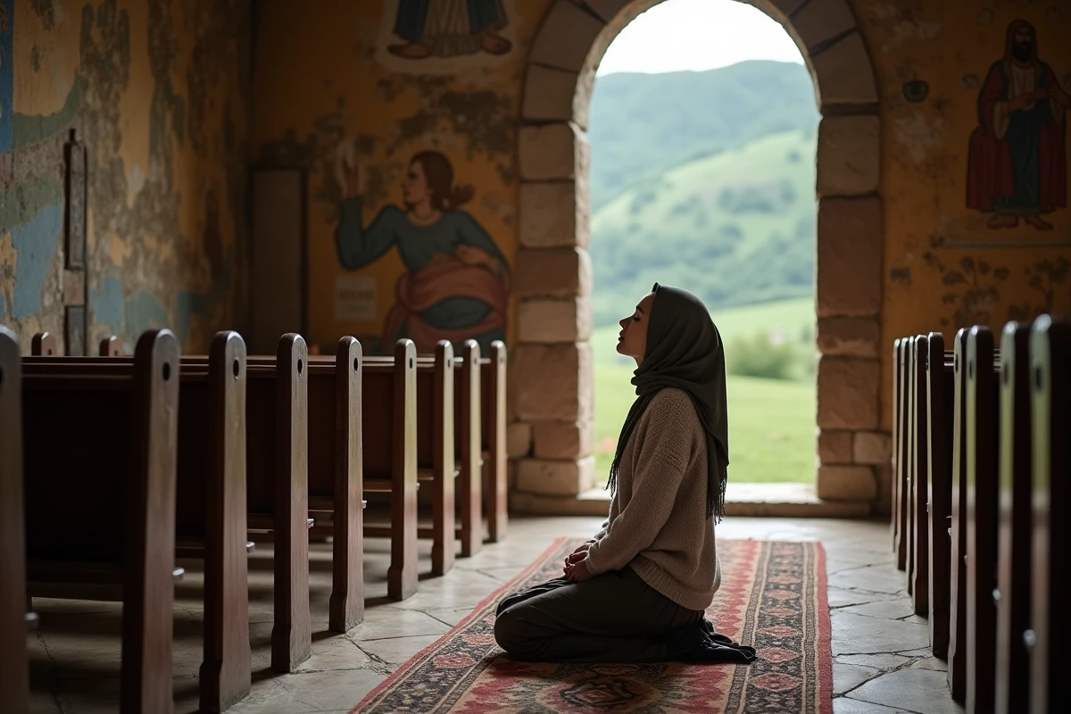 Jeune femme en prière dans une chapelle rurale en Auvergne