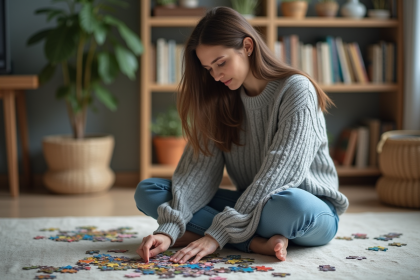 Jeune femme assemble un puzzle coloré dans un salon moderne
