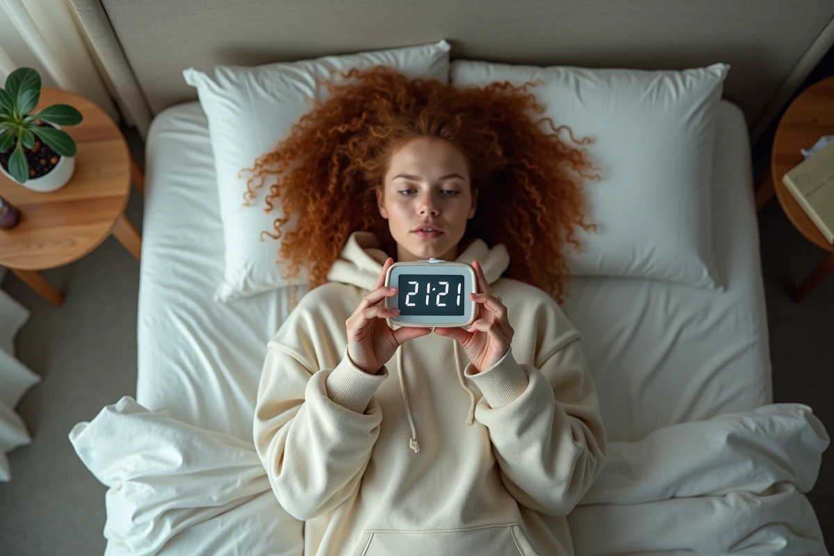 Jeune femme allongée tenant un réveil affichant 21h21, vue de dessus, évoquant la spiritualité des heures miroirs et la guidance des anges gardiens