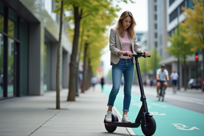 Jeune femme en jeans et t-shirt à rayures déverrouille un scooter électrique en ville