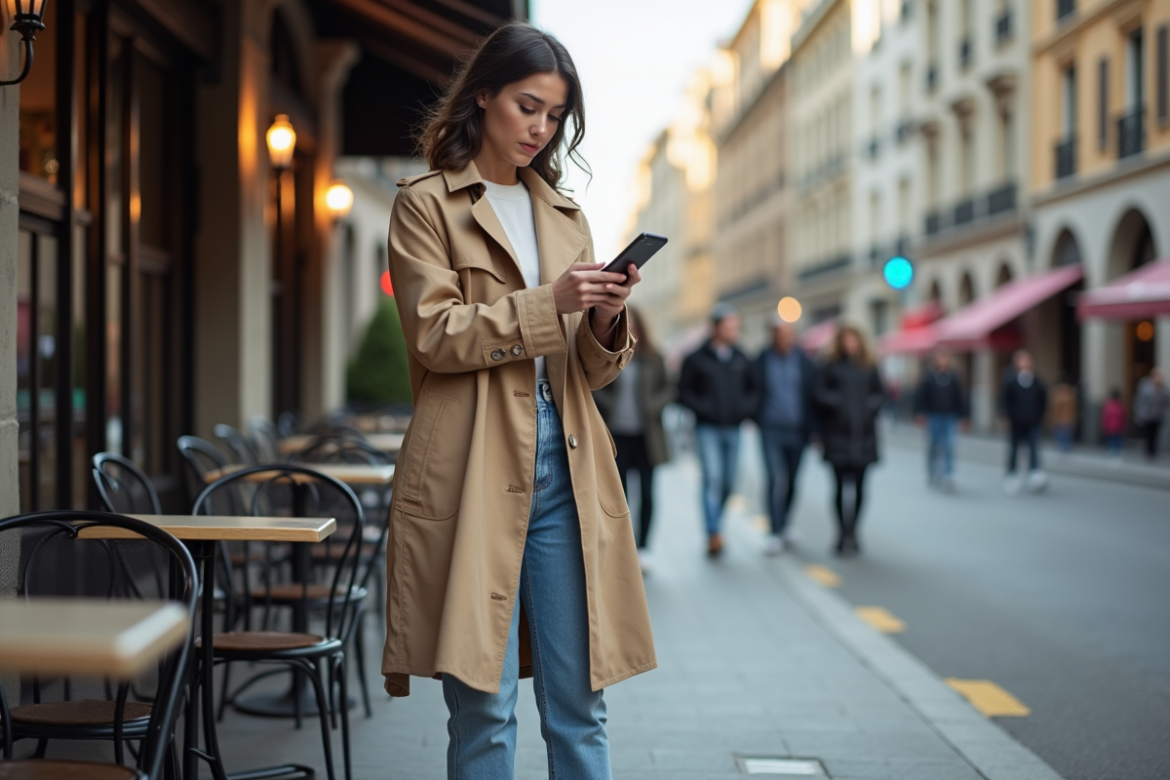 Jeune femme en trench beige au café en ville