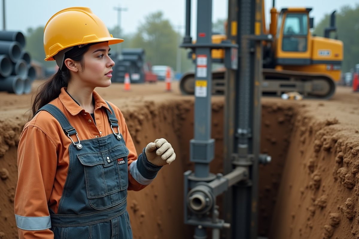 Jeune superviseure surveillant une machine de forage sur le site