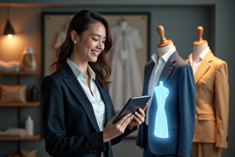 Jeune femme souriante interagissant avec un vêtement virtuel