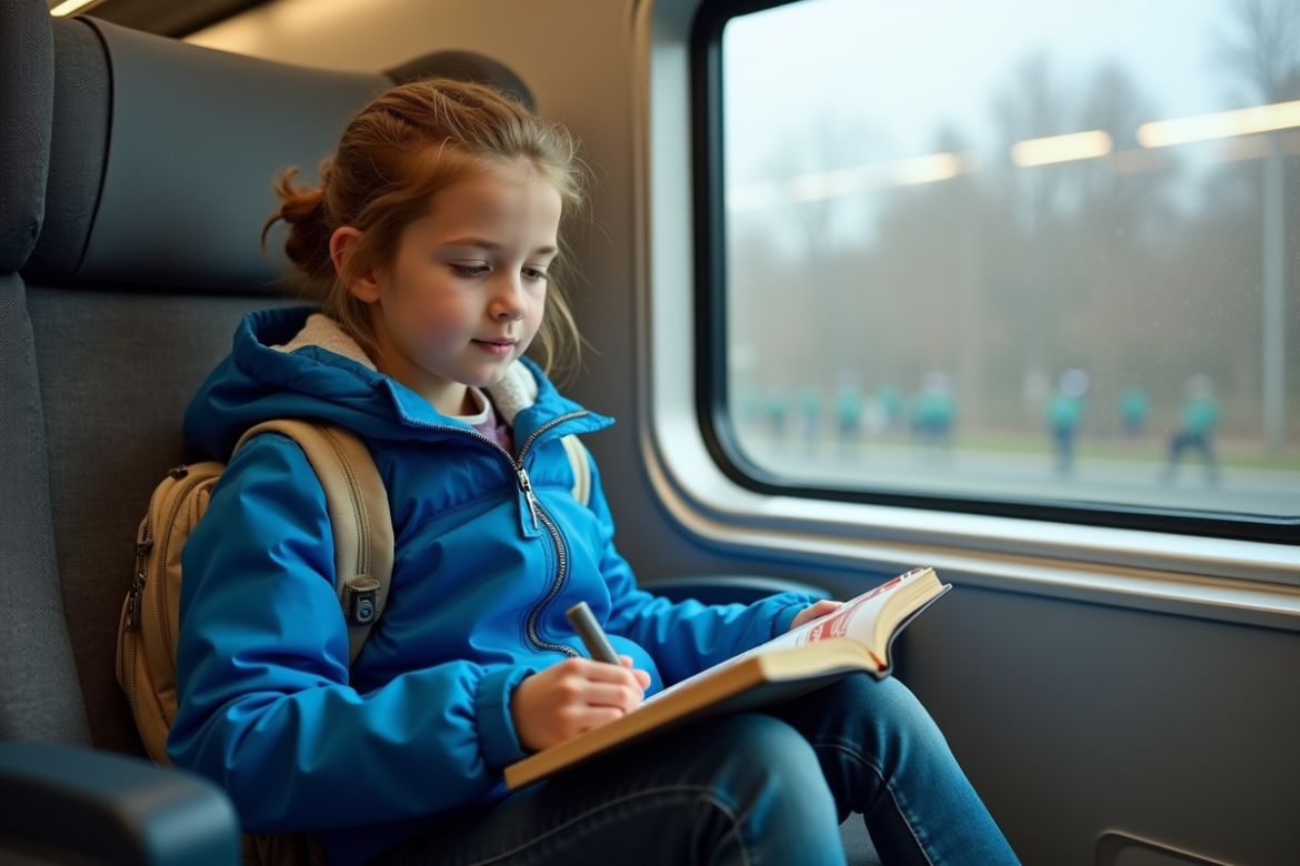 Jeune fille de 13 ans dans un train lisant un guide de voyage