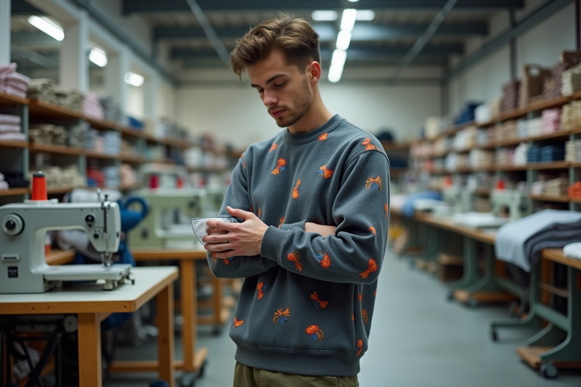 Jeune homme examine la couture d'un vêtement dans un atelier textile