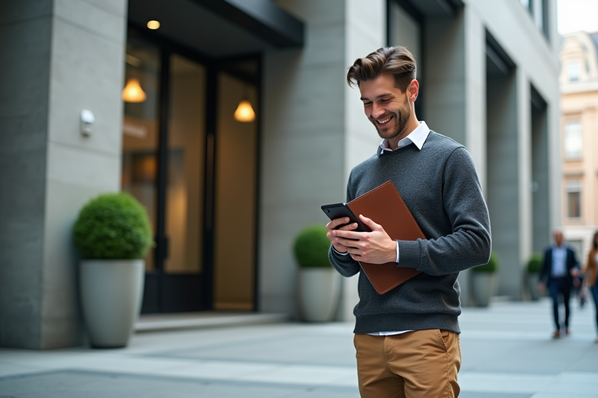 Jeune homme souriant vérifiant ses finances à l