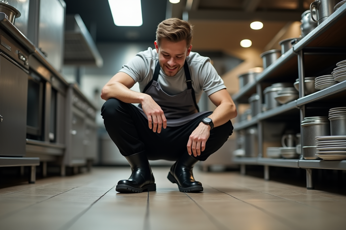 Jeune homme inspectant ses bottes de sécurité en cuisine