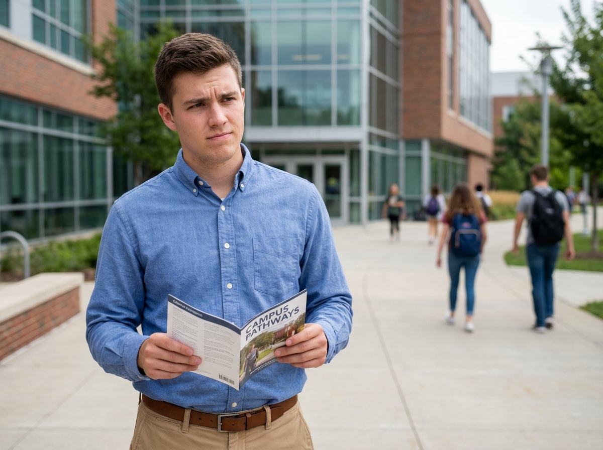 Jeune homme lisant une brochure devant un bâtiment moderne
