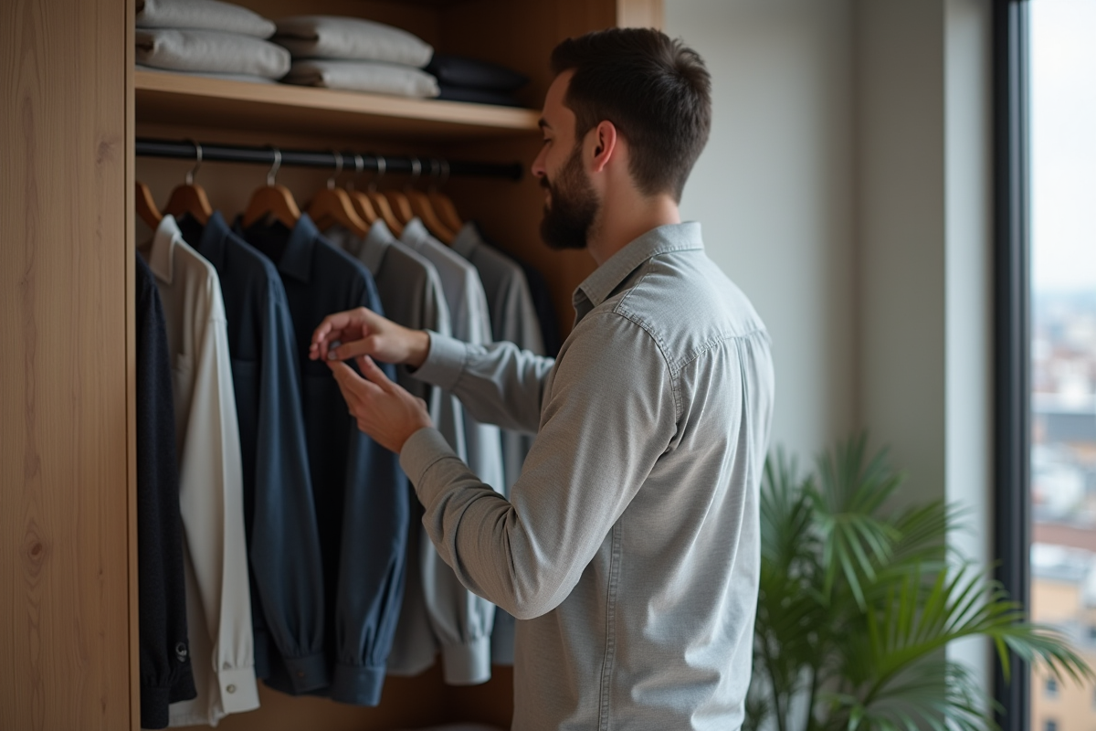 Jeune homme choisissant une chemise dans un placard moderne