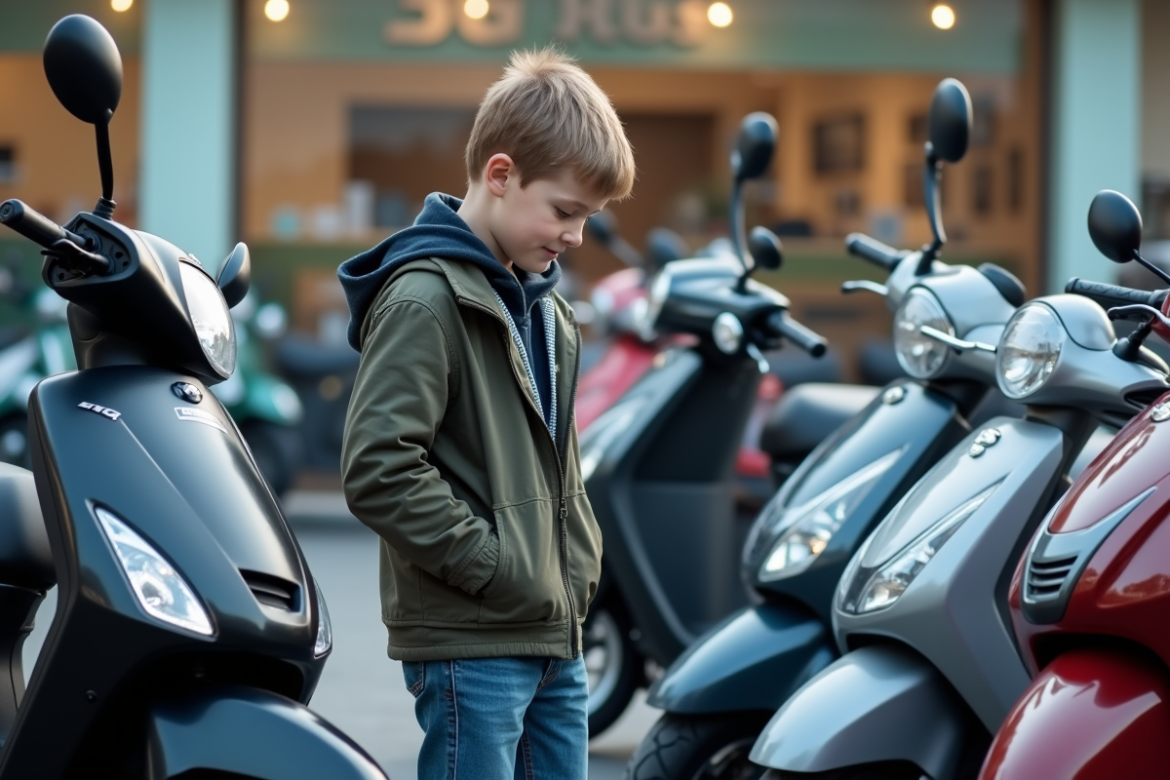 Jeune garçon compare deux motos 50cc devant un concessionnaire