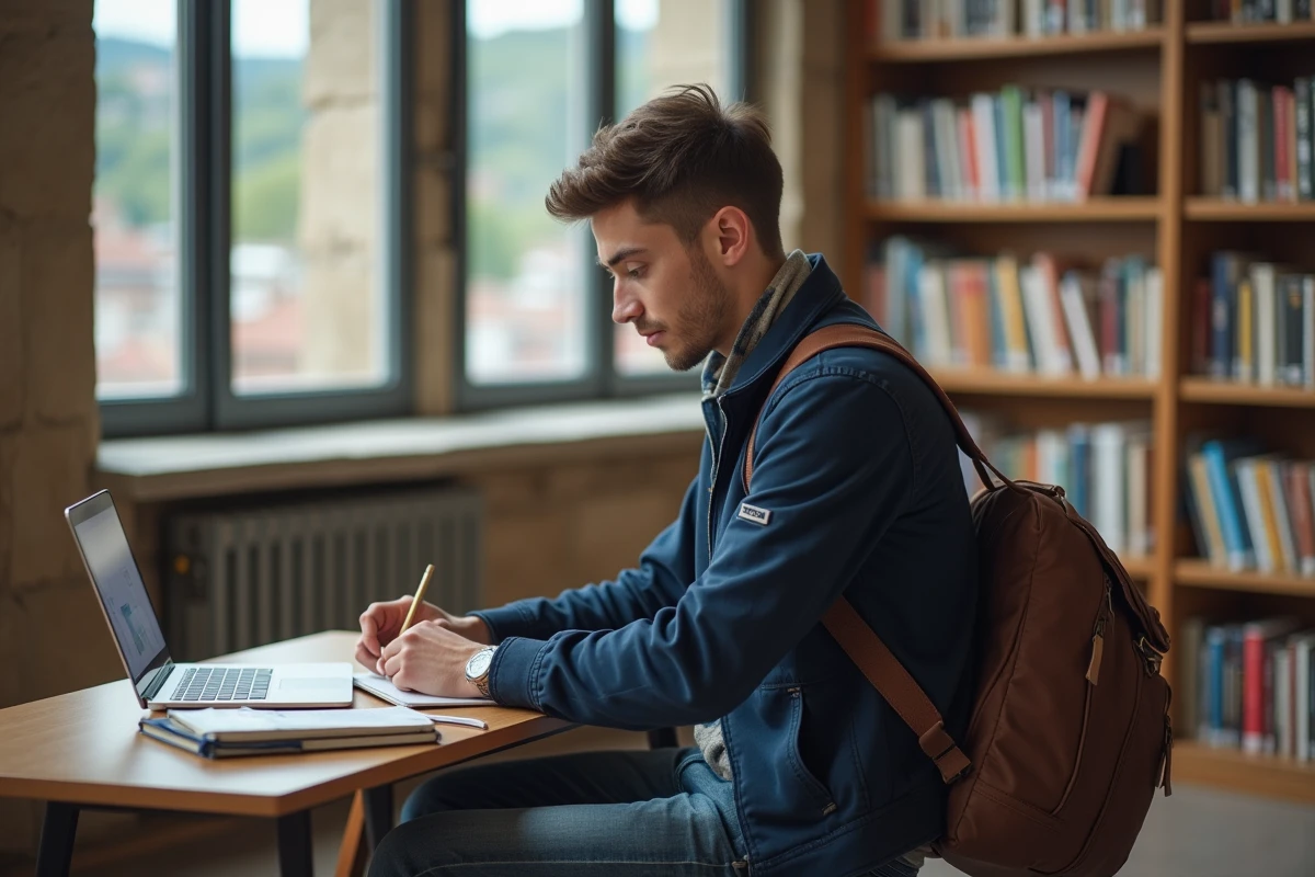 Jeune homme étudiant dans une bibliothèque universitaire à Clermont-Ferrand