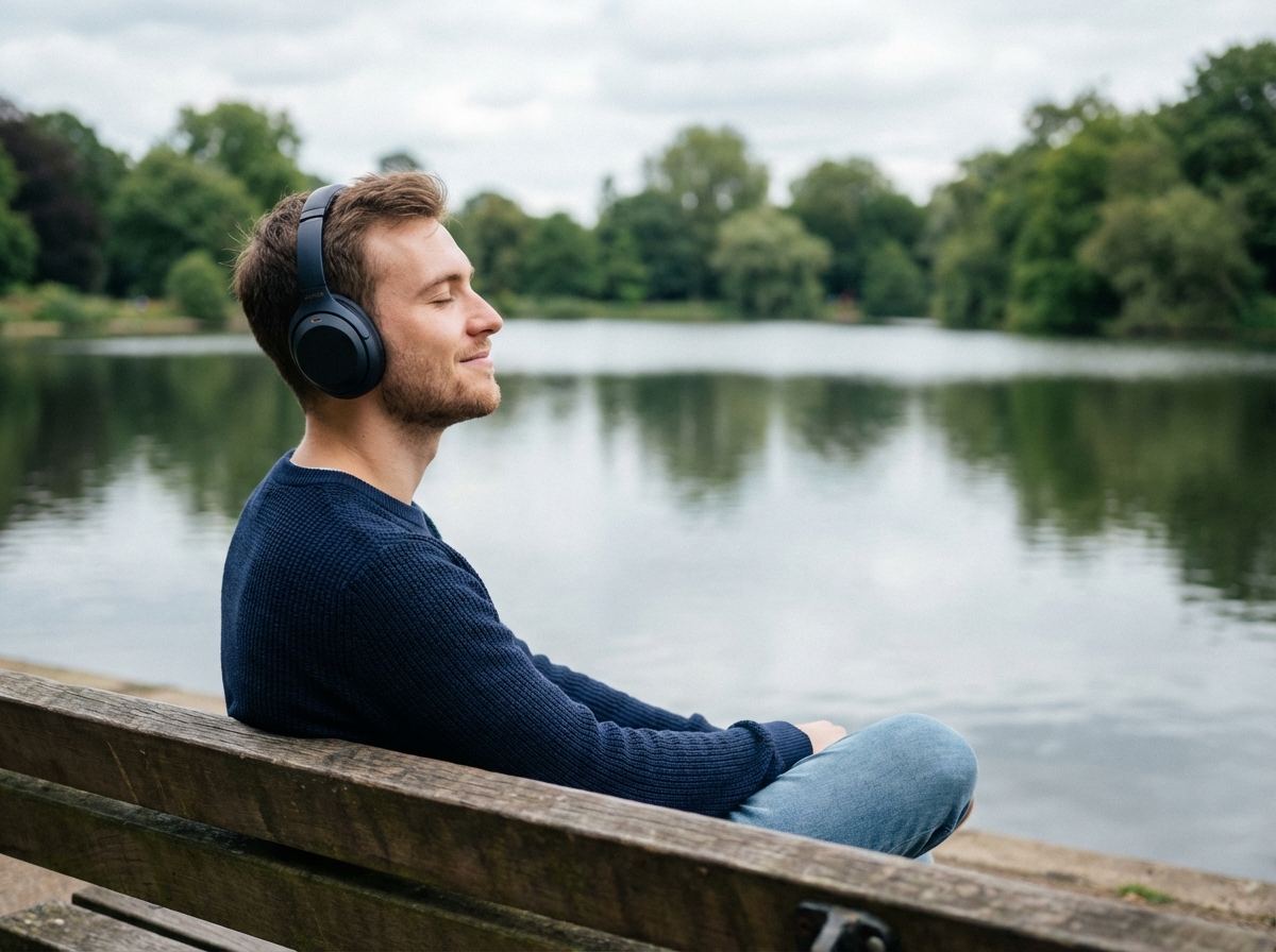 Jeune homme avec casque écoute de la musique en plein air