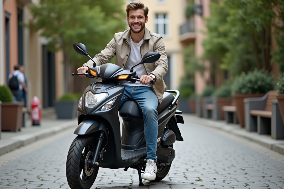 Jeune homme souriant sur une moto Dax 50cm3 en ville