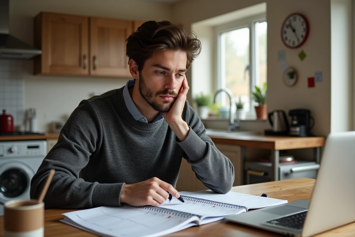 Jeune homme avec planner et café dans une cuisine lumineuse