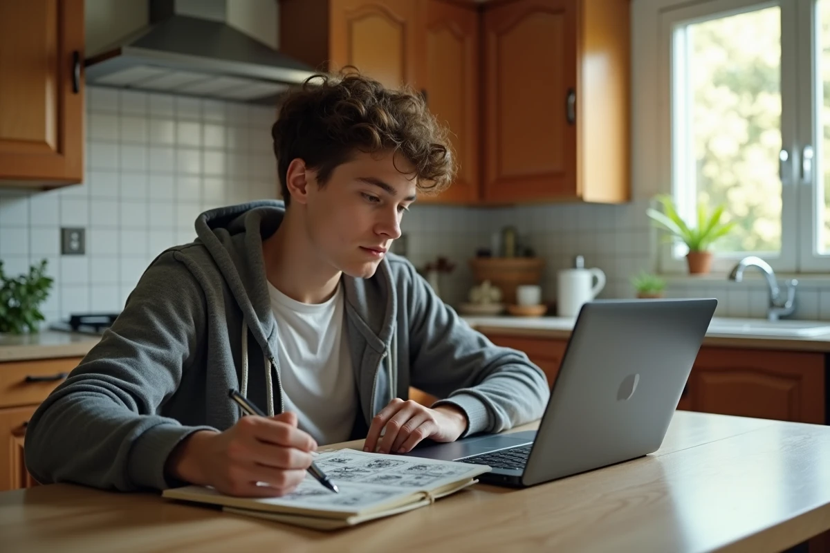 Jeune homme scannant manga dans la cuisine lumineuse