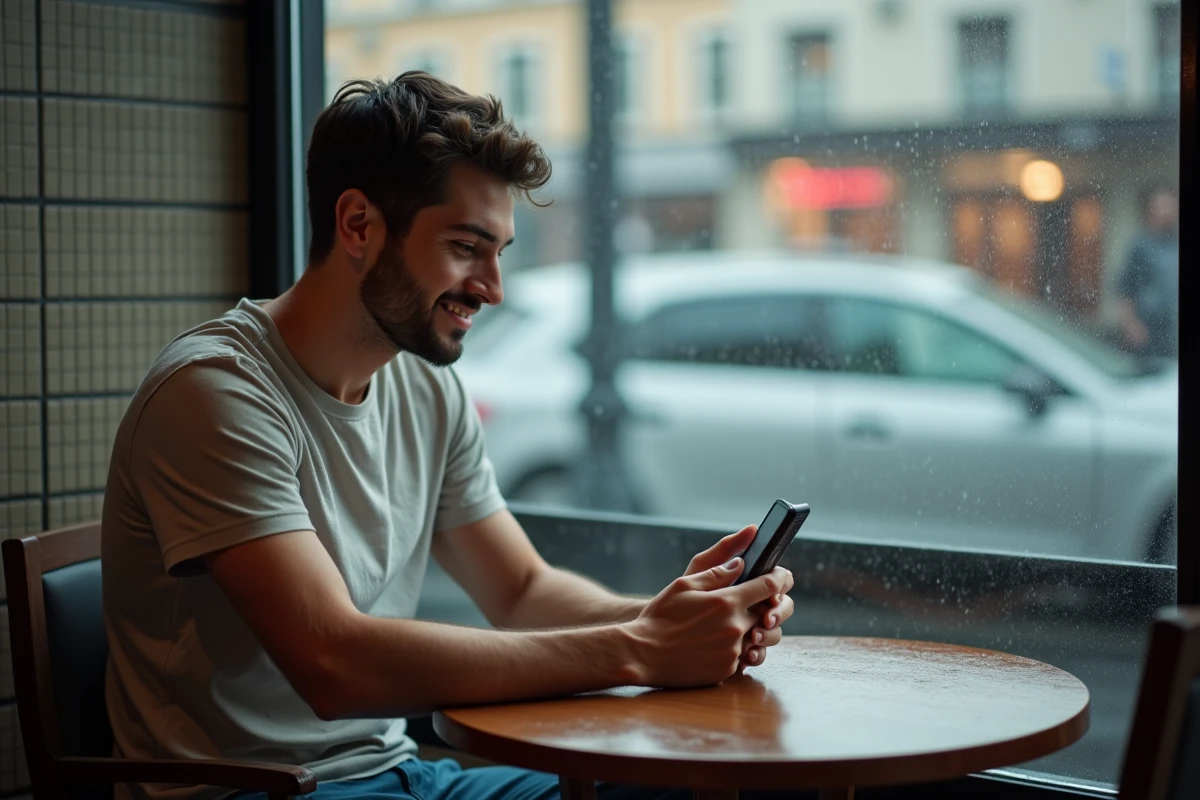 Jeune homme utilisant son smartphone dans un café pluvieux