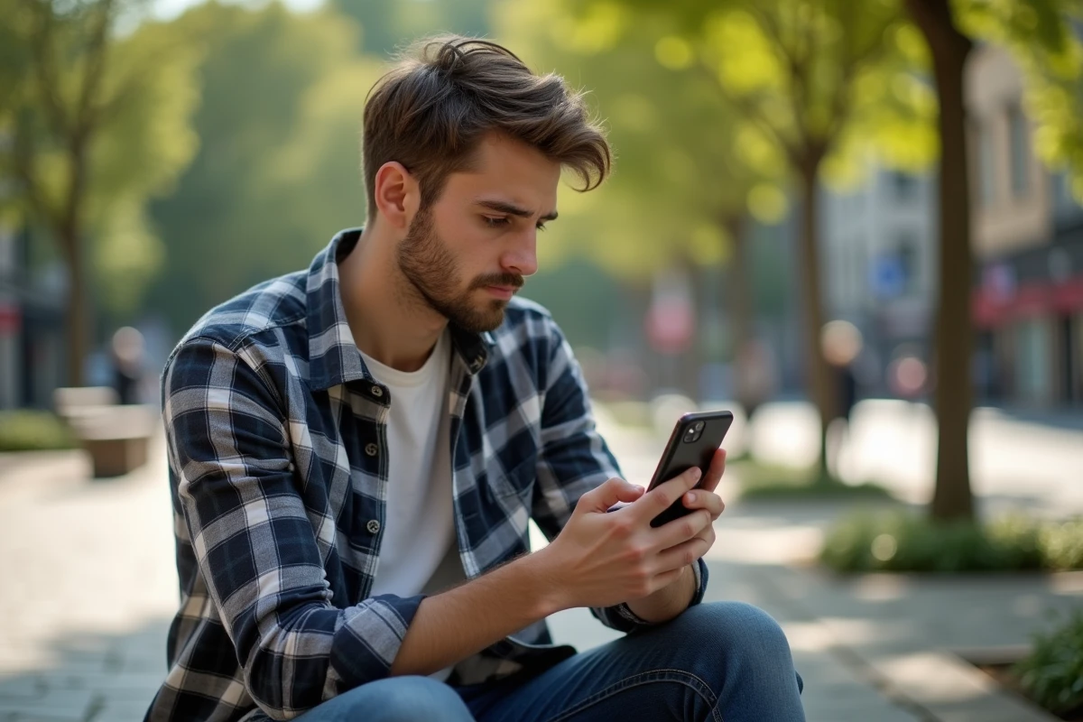 Jeune homme regardant son smartphone dans un parc urbain ensoleille
