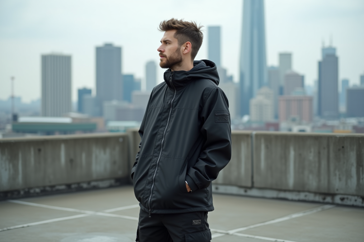 Jeune homme en techwear urbain sur un toit de ville