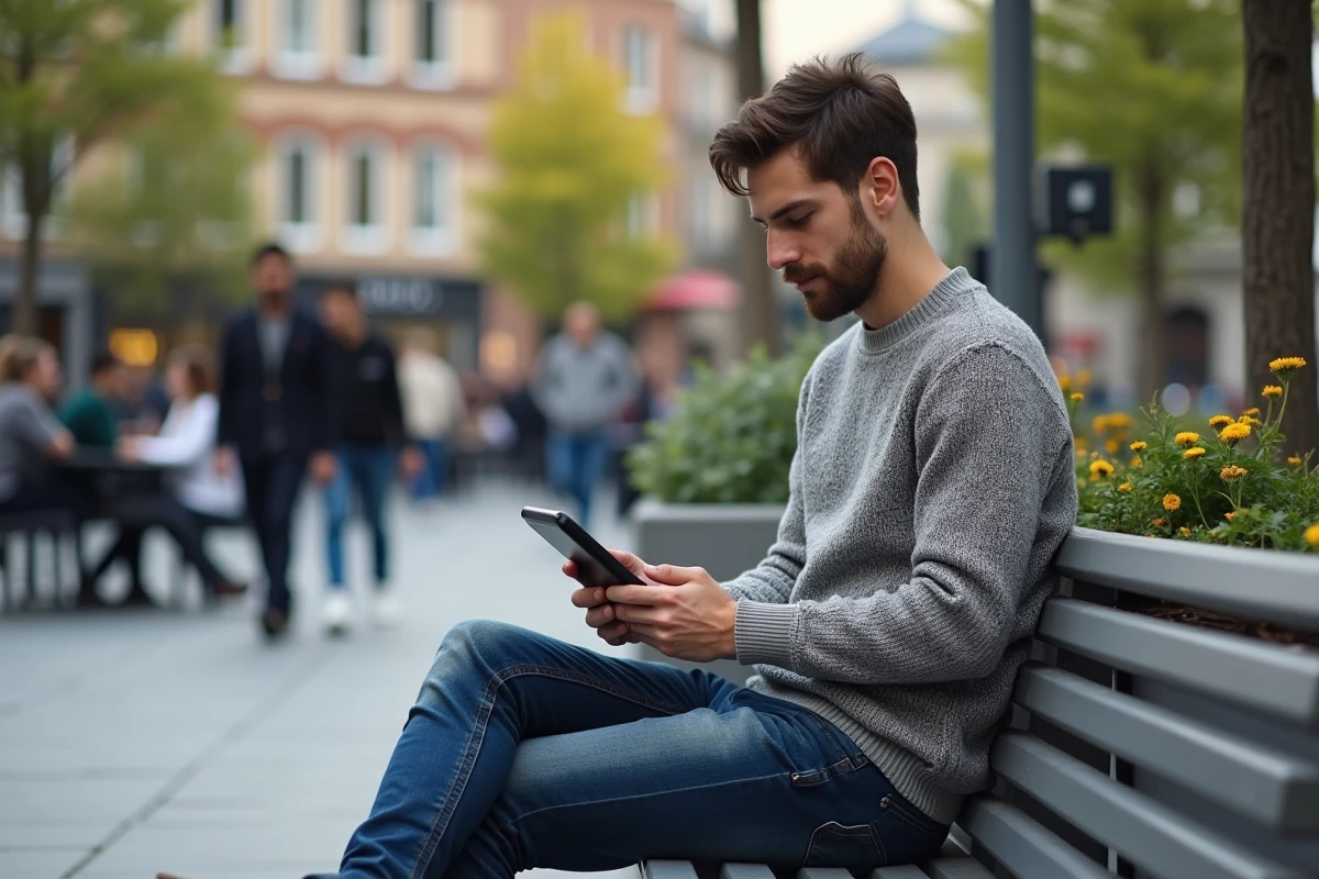Jeune homme en ville utilisant une tablette dans une place animée