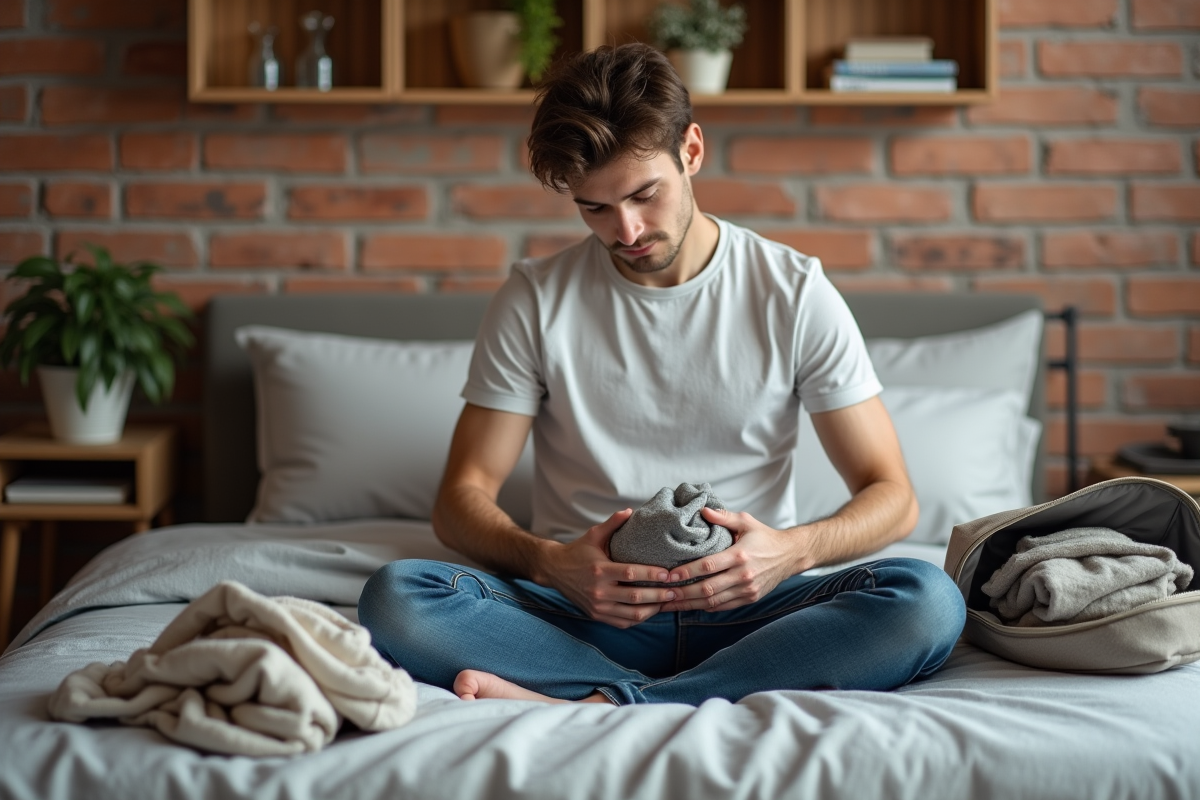 Jeune homme arrangeant ses vêtements dans une chambre cosy