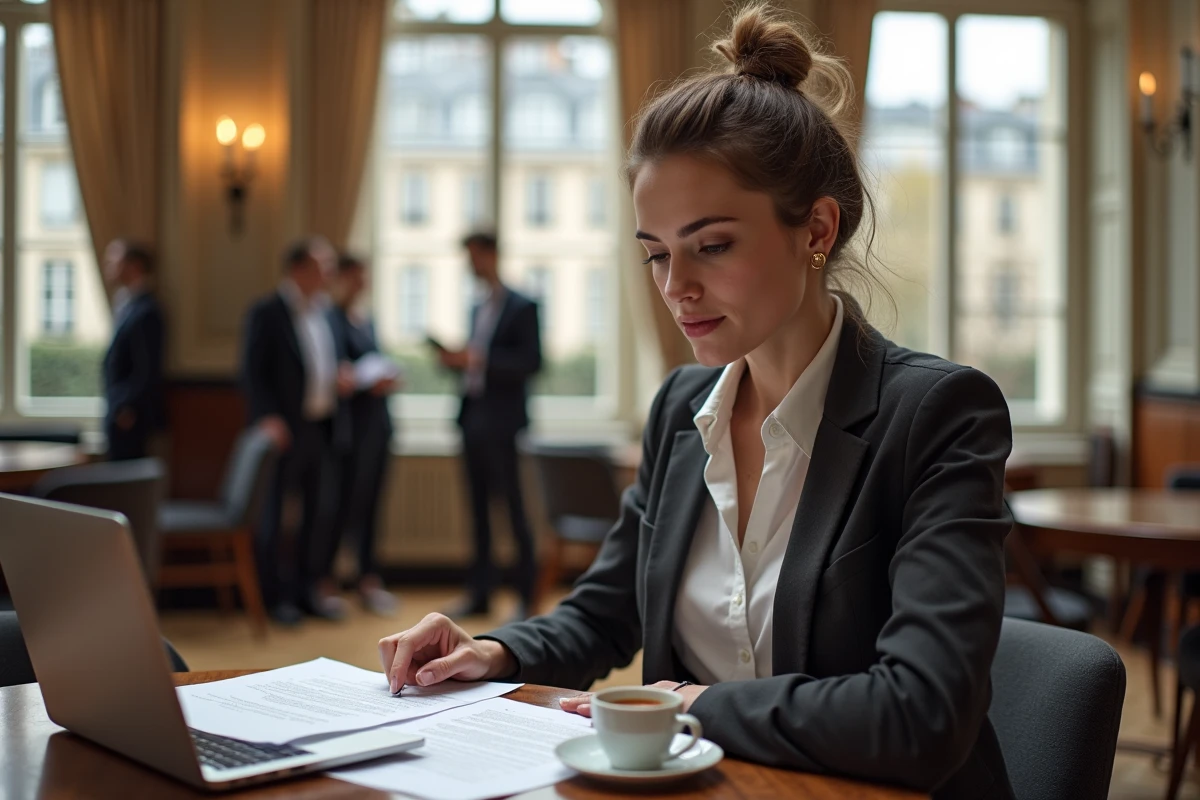 Jeune notaire consultant des documents juridiques lors d'un congrès notarial à Paris