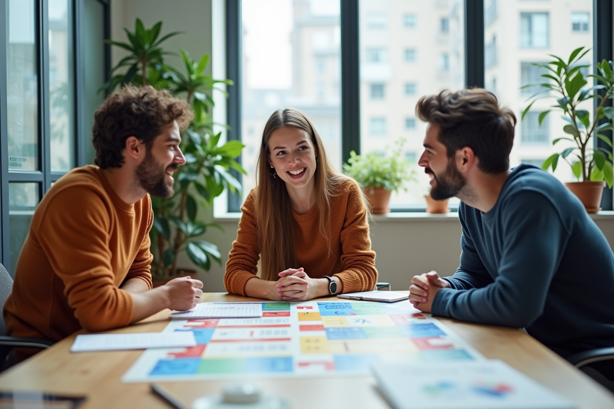 Groupe de jeunes discutant autour d une table dans un espace de coworking lumineux