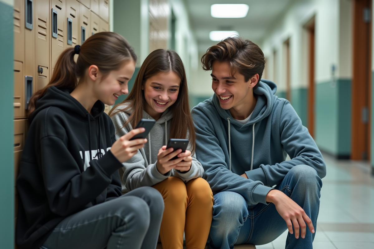 Groupe d adolescents dans un couloir scolaire