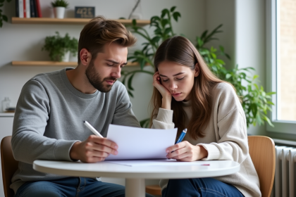 Jeunes adultes étudiant un contrat de location dans un appartement parisien