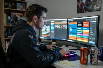 Joueur concentré devant plusieurs écrans affichant des récompenses de jeu mobile Code Ninja Time